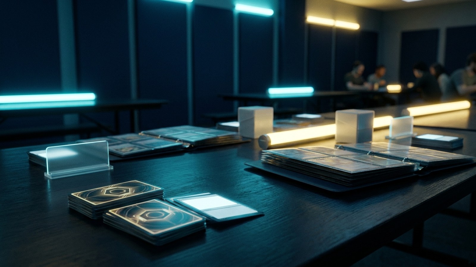 Mehrere Tische mit aufgeschlagenen Kartenalben und Deckboxen in einem Raum mit Neonlicht